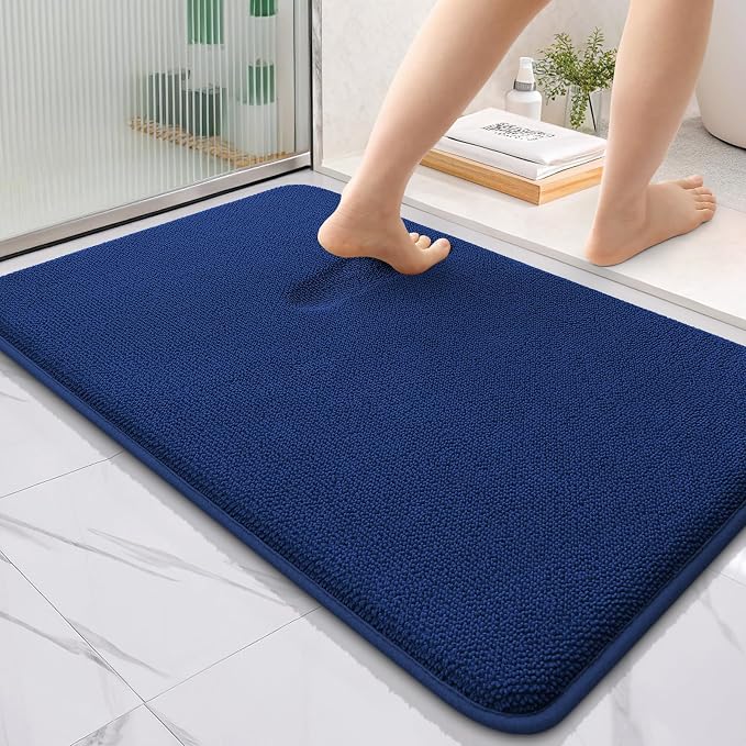 OLANLY Thick Memory Foam Bathroom Rugs 35x24, Soft Absorbent Bath Mat, Navy | Quick Dry Bath Rugs, Non-Slip Carpet, Machine Washable Mats for Bathroom Floor, Tub and Shower, Home Decor Accessories