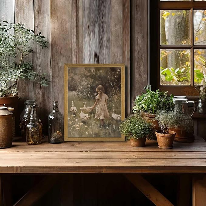 Wood Framed Canvas Wall Art, Vintage Girl with Ducks Painting Poster, Countryside Pastoral Landscape Print Picture, Rustic Farmhouse Wall Decor for Living Room Bedroom Nursery 8x10 inch