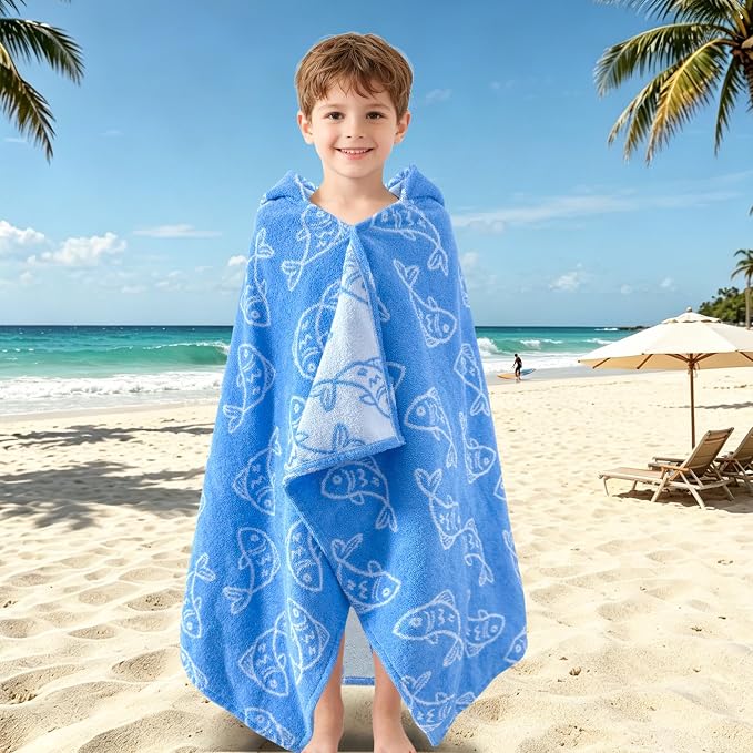 VOOVA & MOVAS Kids Hooded Towel, 3-6 Years, 100% Cotton, Blue Fish | Cute Fish Jacquard Print, Fast Dry Performance, Excellent Absorbency, Ideal for Daily Bath and Outdoor Water Activities