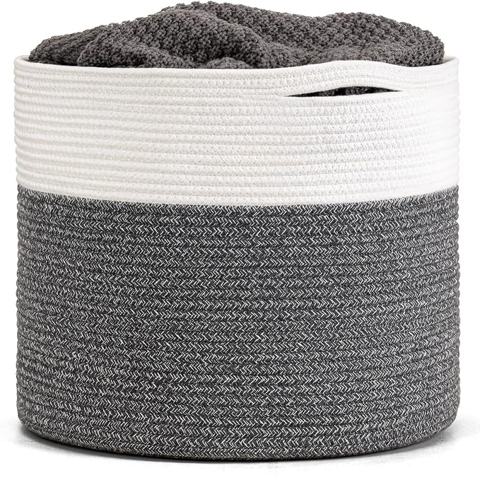 Goodpick Woven Blanket Basket Living Room, Toy Bin for Playroom, 45L | 15.8 x 15.8 x 13.8 In Toy Storage Basket for Nursery, Blanket Basket for Living room, Laundry Basket, Gray
