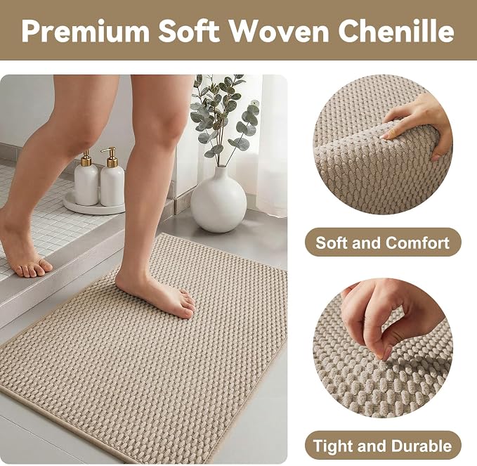 Triohero Bathroom Rugs Non Slip Washable, Super Absorbent Thin Bath Mat Quick Dry Low Pile Bathroom Rug, Beige 24x47