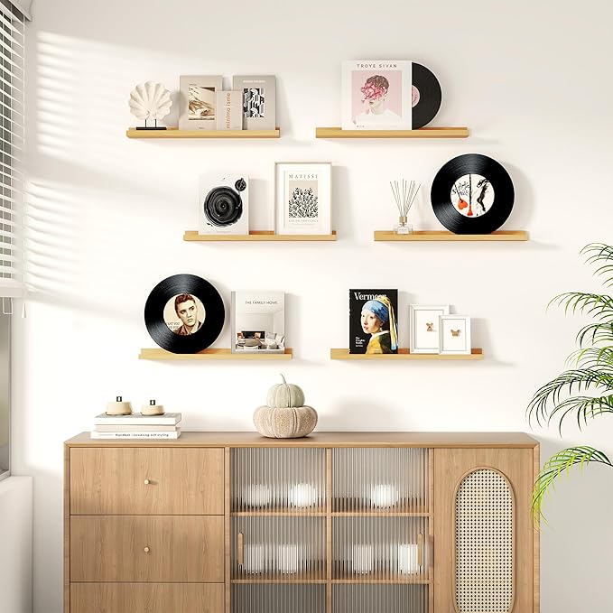 Floating Picture Ledge Shelves Set of 2, 16 Inch Solid Wood Wall Shelves with Lip, Large Nursery Book Shelf for Toys Storage, Kids Bookshelf, Living Room, Bedroom Decor Frames, Natural Oak