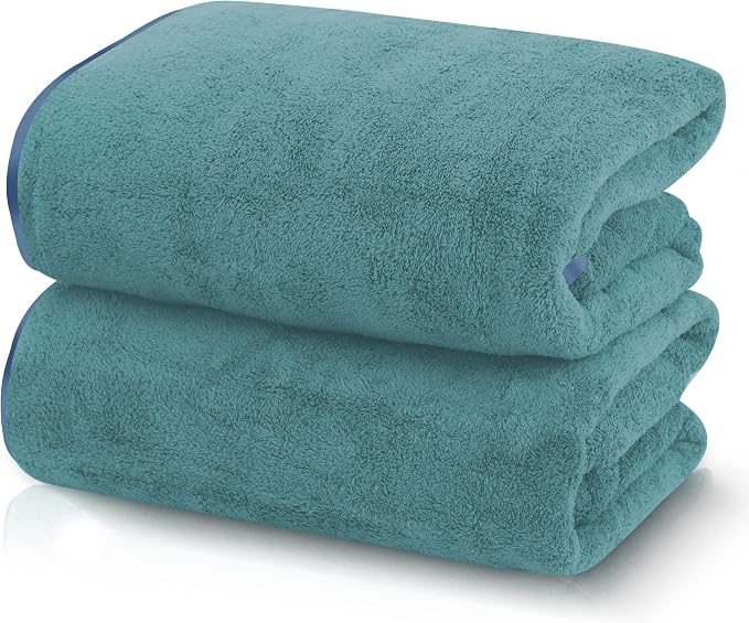 TENSTARS Silk Hemming Bath Towels for Bathroom Clearance - 27 x 55 inches - Light Thin Quick Drying - Soft Microfiber Absorbent Towel for Bath Fitness, Sports, Yoga, Travel, Gym - 2 Pack, Teal