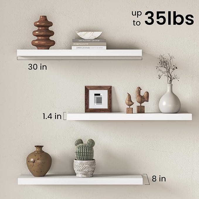 Fun Memories Floating Shelves - 2 Pack 30 Inch Long Rustic Wooden Wall Shelves - 8 Inch Deep Wall Mounted Storage Shelf with Invisible Heavy-Duty Brackets for Books, Bathroom, Kitchen - White
