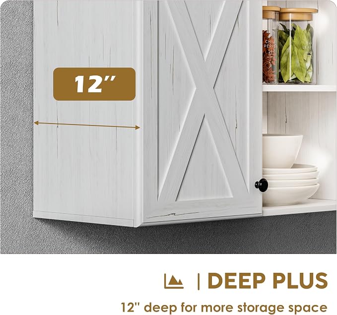 FIMELLO Wall Cabinet, Bathroom Wall Cabinet,Farmhouse Wall Mounted Cabinets for Kitchen Garage Laundry Storage, Medicine Cabinet with 3 Door and Shelves, Laundry Room Wall Cabinets,White Grain