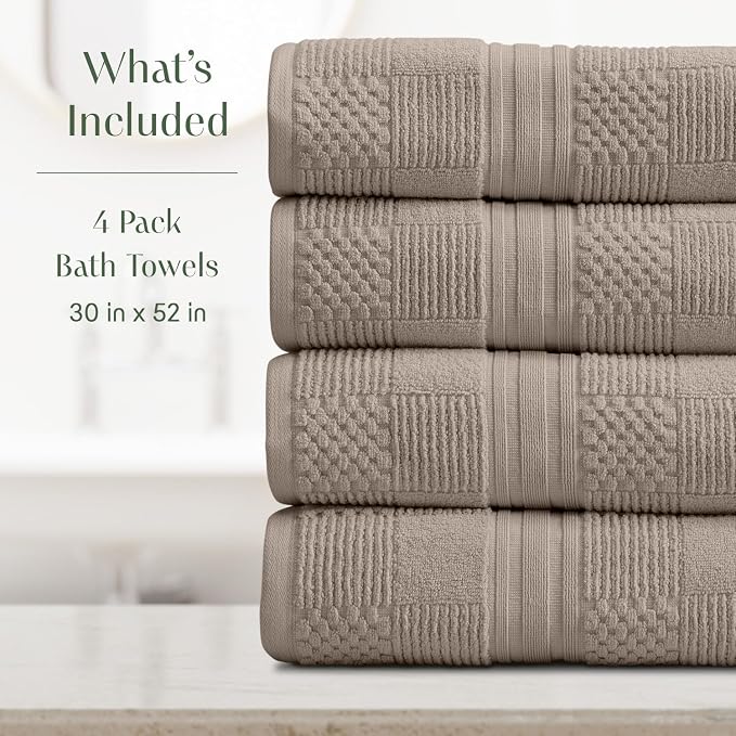 100% Cotton Bath Towel Set | 4-Pack | Textured | Brown | Luxury Geometric Design | Absorbent & Quick-Dry Bathroom Towels | Textured and Durable Cotton Towels for Bathroom | OEKO-TEX