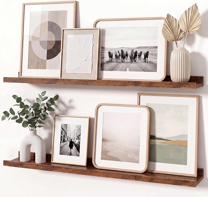 Brown Picture Ledge Shelves for Wall, 4.5" Deep Wood Floating Shelves with Lip for Bedroom, Living Room, 30" Width, Color Brown Set of 2