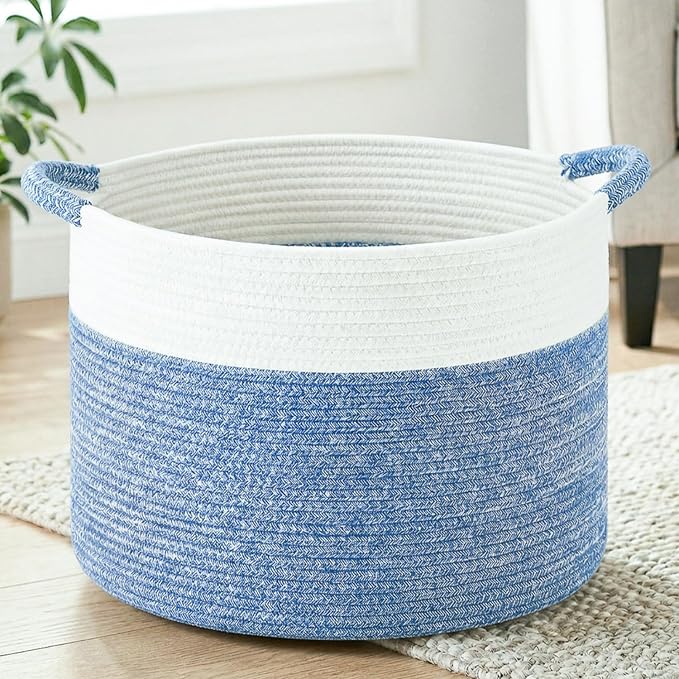Artfeel 100L Large Cotton Rope Basket, Decorative Woven Blanket Storage for Living Room, Boho Toy Storage & Toy Box for Kids, Versatile Laundry Basket & Nursery Hamper for Blankets(DenimBlue)