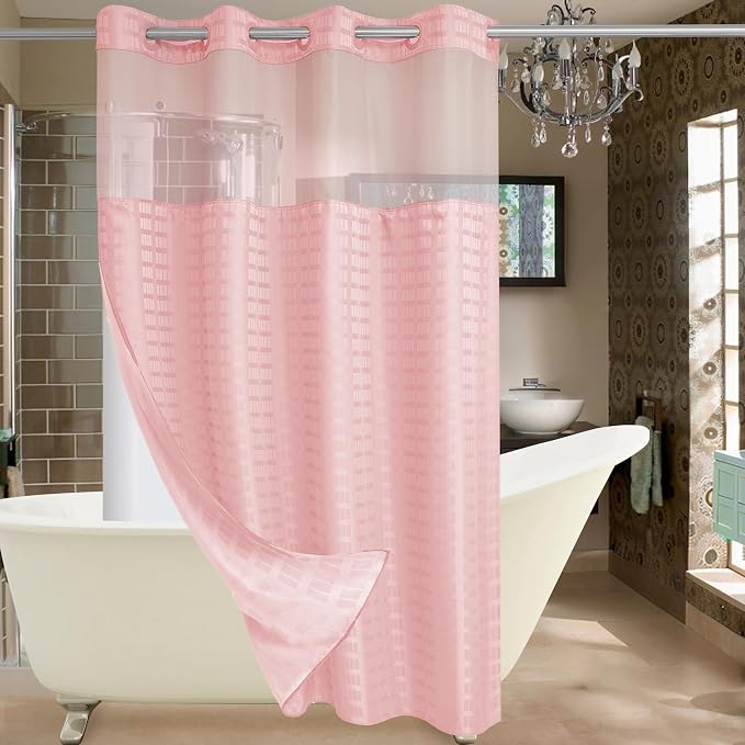 Conbo Mio Stall No Hook Shower Curtain with Snap in Liner Set, Hotel Luxury Pink Shower Curtains for Bathroom with See Through Top Window, Waterproof, Washable 54W x 74H