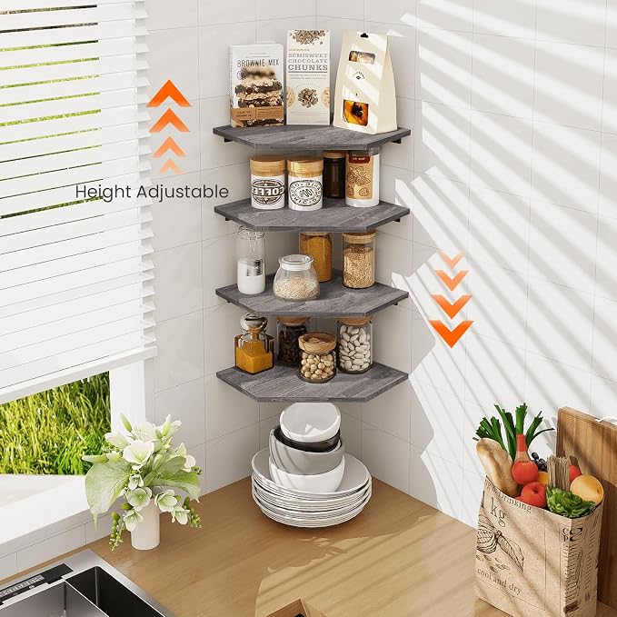 Corner Shelf Wall Mount, Set of 4 Corner Floating Shelves with Cord Hole, Wall Shelf Organizer, Wood Hanging Storage Shelving for Bathroom Bedroom Kitchen, Rustic Grey