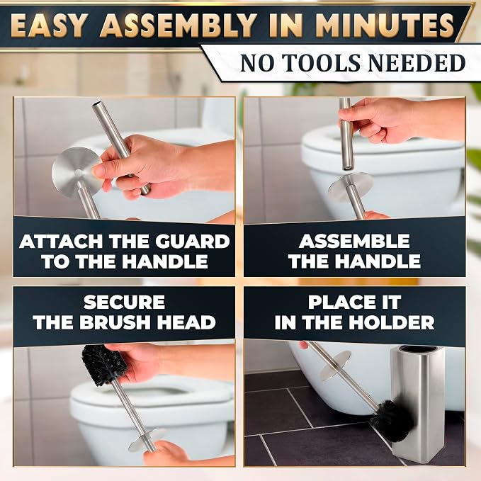 Toilet Brush and Holder Set, Stainless Steel, Replaceable Head (Silver) | Stainless Steel Toilet Bowl Brush and Holder with 2 Rounded Corners, Removable Inner Bowl & Splash Guard Cover