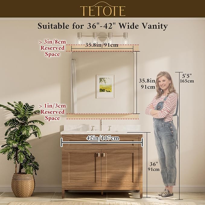 36 x 36 Inch Gold Mirror for Bathroom, Brushed Brass Wall Mirrors Metal Frame Square Modern Shatterproof Decorative Vanity Mirror for Living Room Entryway