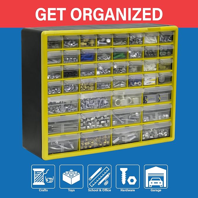 Akro-Mils 44-Drawer Plastic Storage Cabinet, 20"W x 6"D x 16"H, Yellow | Plastic Cabinet w/ Drawers for Garage Organization, Beads, Building Bricks Storage, Teacher Toolbox, Makeup Organizer, 10144