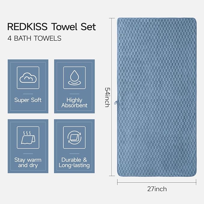 REDKISS 4 Pack Blue Microfiber Bath Towels - Large Shower Towels Set for Bathroom, Super Absorbent Towel Set of 4 Lagre, Quick Dry Bathroom Towel for Spa, Gym,Travel, Lint Free, Ultra Soft