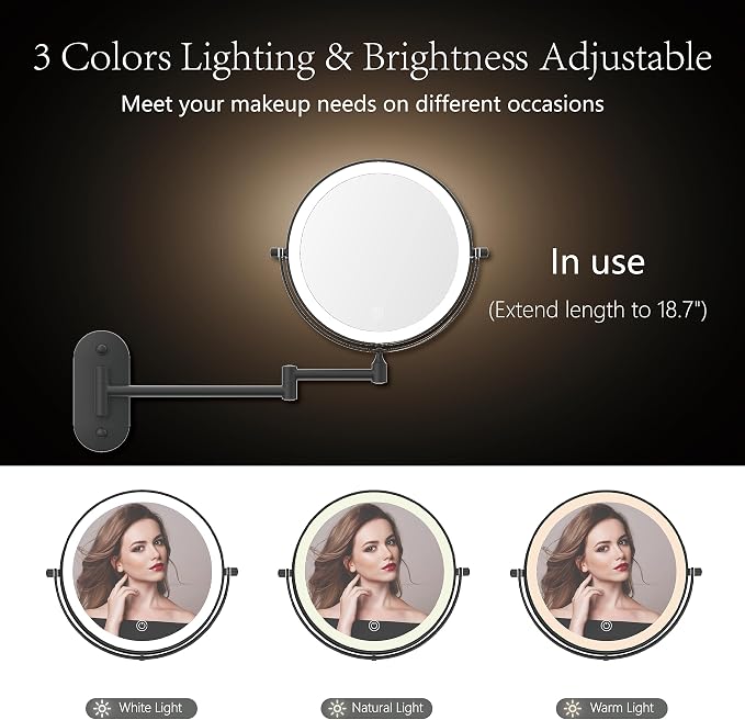8" Wall Mounted Lighted Makeup Mirror,Oval Base, 10X, Matte Black | Rechargeable Lighted Makeup Vanity Mirror,Double Sided Dimmable,Magnifying,3 Color Lighting,360 Rotation Shaving,Women Gift