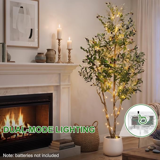 7FT Artificial Olive Tree with Lights & Planter, Tall Faux Olive Plant | Tall Silk Olive Tree For Modern Home & Living Spaces, With Realistic Fruits, Warm Lights, Planter & Statement Decor Design