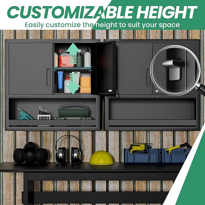 Garage Storage Cabinet System,Wall Cabinet & Locking Rolling Tool Cabinet with Doors and Adjustable Shelves