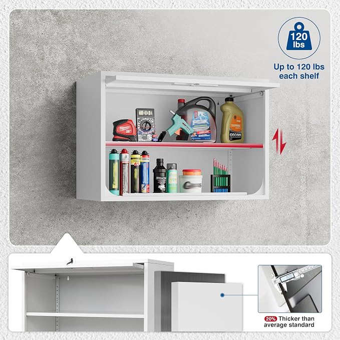 Fesbos Metal Storage Cabinet White Wall Cabinets with Shelf and Locking Door - Wall Mounted Storage Cabinet for Garage Warehouse Home Office - Assembly Required