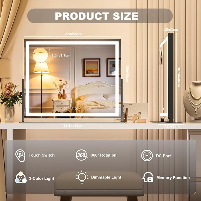 Hasipu Vanity Mirror with Lights, 24.2" x 19.7" LED Makeup Mirror, Light up Mirror with 10X Magnification, Smart Touch 3 Colors Dimmable, Brightness Adjustment, 360° Rotation (Right Angle Black)