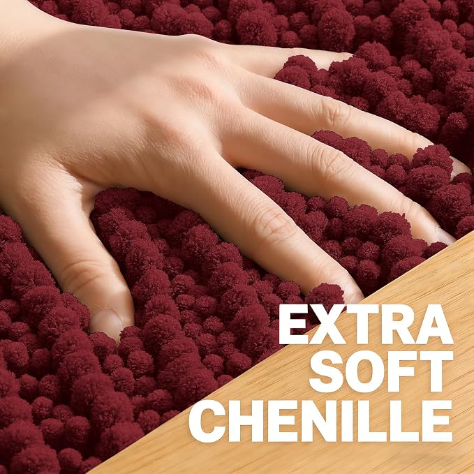 OLANLY Bathroom Runner Rugs 59x24, Thick Soft Absorbent Chenille Bath Rugs | Burgundy, Quick-Drying Rubber Backing, Long Shaggy Bath Mat, Washable for Floor, Tub and Shower, Home Decor Accessories