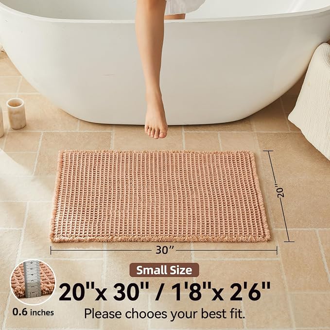 Triohero Waffle Bath Mat, Boho Bathroom Rugs Non Slip Washable, Ultra Soft Super Absorbent Quick Dry Farmhouse Bathroom Decor, 20" x 30", Light Peachy