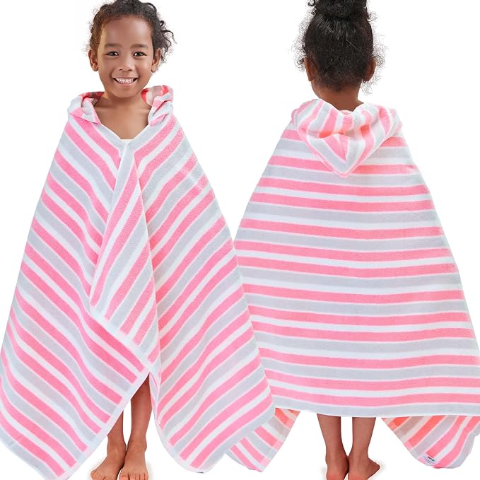 VOOVA & MOVAS Kid Hooded Towel,3-10 Years,100% Cotton,Pink Gray Stripe | Light Portable Build, Fast Drying, Perfect for Girls’ Bath, Swim, Pool and Beach Use