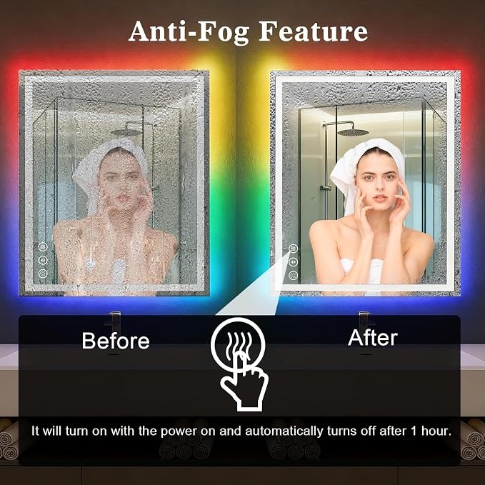 WTTY 60"x36" RGB LED Bathroom Mirror with Light | 8 Color Backlight + 3 Color Front Light, Anti-Fog, Dimmable, Memory Function, Tempered Glass, IP54 Waterproof, ETL Listed