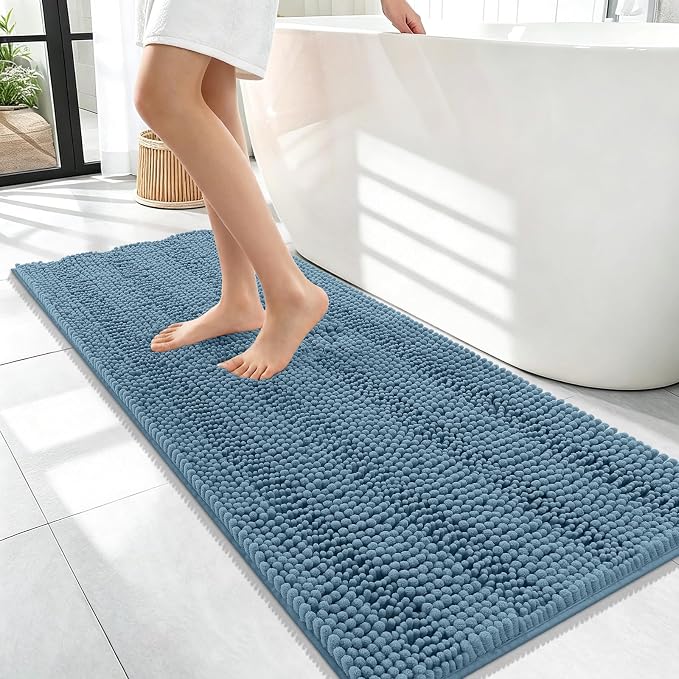OLANLY Thick Bathroom Runner Rugs 47x17, Soft Chenille Bath Rugs, Airy Blue | Absorbent Striped, Rubber Backing, Machine Wash, Long Bath Mats for Bathroom Floor, Tub and Shower, Home Decor Accessories