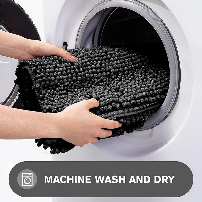 Bathroom Runner Rug 47 x 17 Inch – Long Bath Mat | Absorbent and Washable Thick Chenille Bath Rug Non-Slip Runner Rug for Bathroom, Shower, Sink(Black)