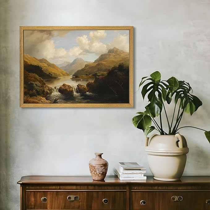 Framed Vintage Landscape Wall Art Home Decor, Retro Mountain Vintage Painting Prints, Countryside Farmhouse Landscape Wall Decor, Canvas Wall Art for Living Room Bedroom Home Bathroom Decor 16x24 Inch