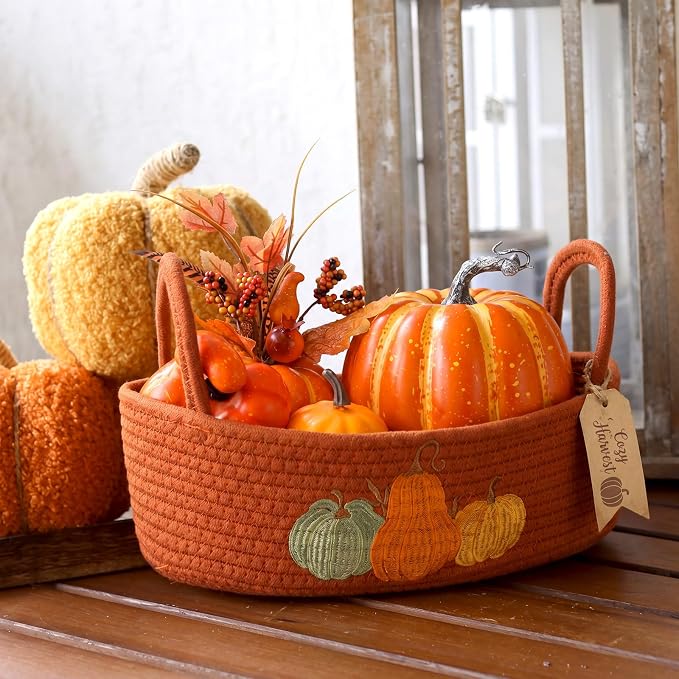 Vesici Pumpkin Basket Cotton Rope Bathroom Storage with Handle Fall | Boho Woven Organizer with 3 Pumpkin Charms, Holds Toilet Paper Toiletries, Orange Halloween Decor, 13x6x4 in