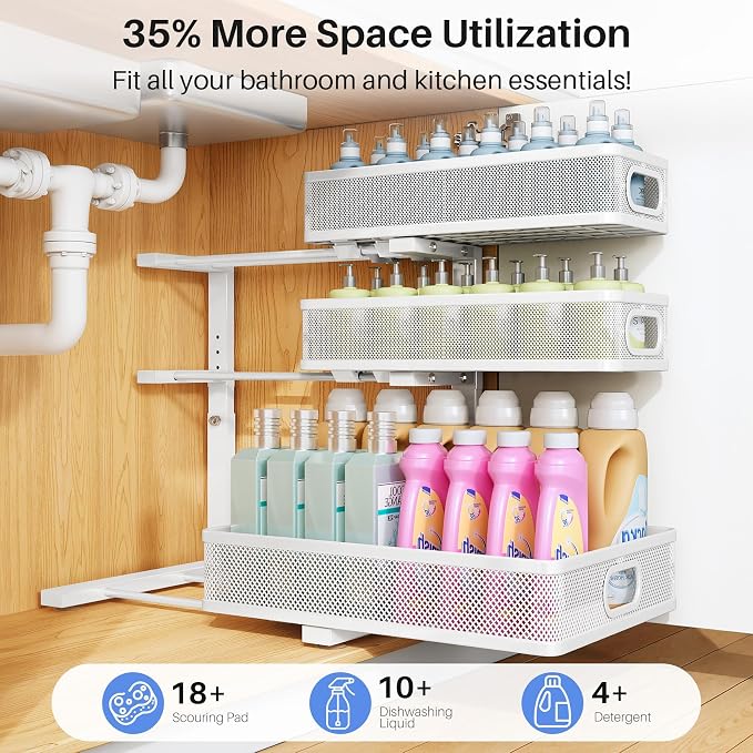 Under Sink Organizer, 3-Tier Thickened Metal Pull out Cabinet Organizer Shelf, Height Adjustable Slide out Storage Drawer Rack for Kitchen Bathroom Pantry Laundry Home Organization, 2-Pack, White | 35% Extra Storage Capacity, Carbon Steel, Hold Up 55lb...
