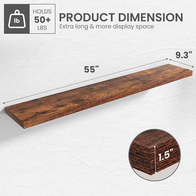 55 in Floating Shelves for Wall Decor Color Brown,Pack 1 | Modern floating shelves for living room,bedroom,kitchen and bath.Organize & display books,photos and decor.easy mount,sturdy.