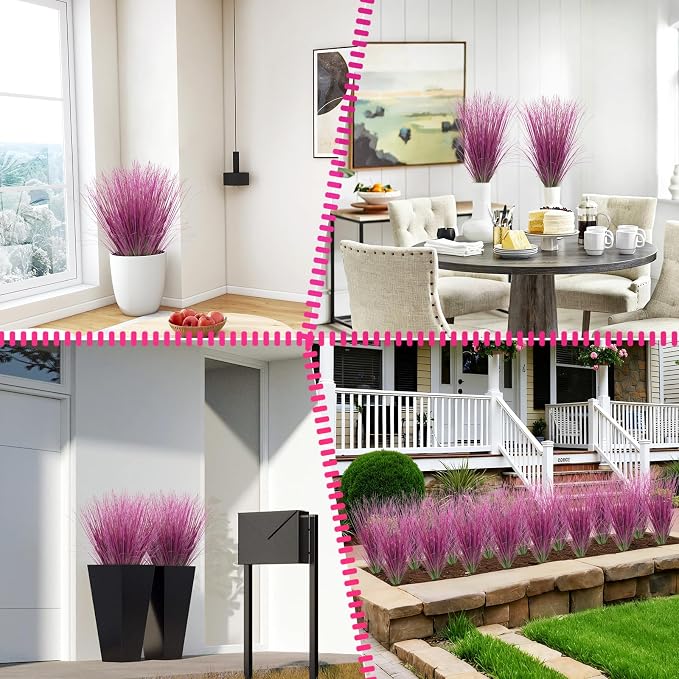 24 Bundles Artificial Grass Plants Outdoor Tall Faux Shrubs Greenery Stems Fake Onion Grasses Wheat UV Resistant for Outside Garden Indoor Office Home Decor（Pink）
