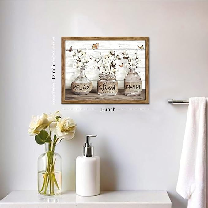 Farmhouse Bathroom Decor Wall Art, Framed Rustic Cotton Pictures Canvas Wall Decor Painting, Modern Country Relax Soak Unwind Sign Artwork Posters Prints for Bathroom 12x16In Dark Wood Frame