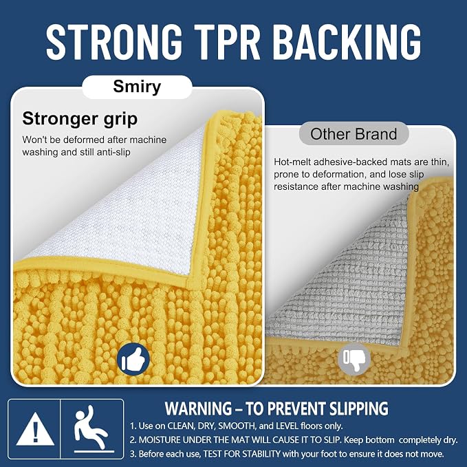 Smiry Bathroom Rugs 30X20, Extra Soft Rubber Backing Chenille Bath Mats | Yellow Machine Washable Non Slip Quick Dry Bath Mats for Bathroom Floor, Tub, Shower, Home Decor Accessories
