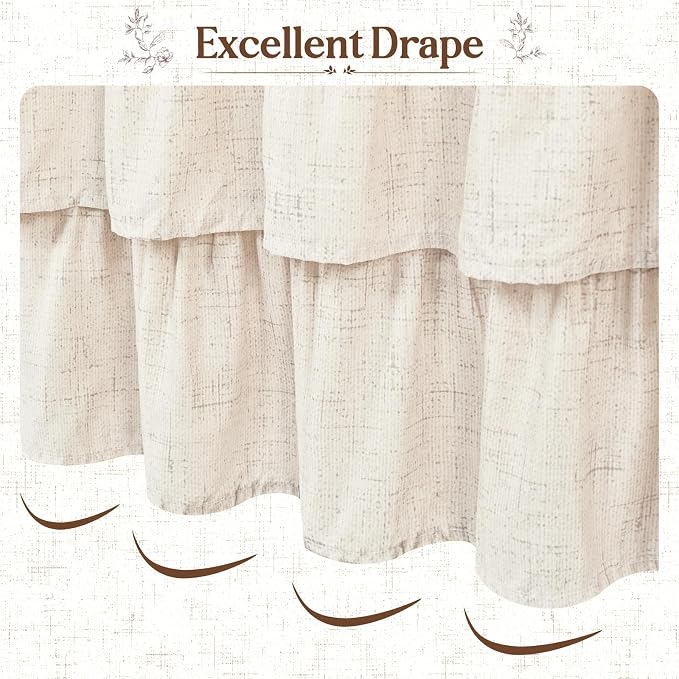 Extra Long Farmhouse Shower Curtains for Bathroom with Ruffle, 72"Wx84"L | Ruffle Design, Vintage Rustic Boho, Washable Waterproof Shower Curtain for Bathroom Bathtub, 12 Metal Hooks
