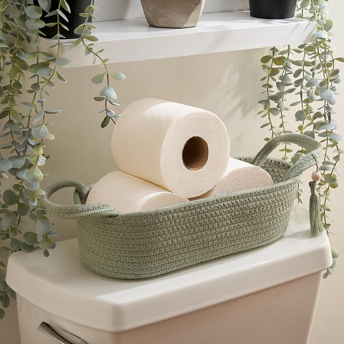 Decorative Toilet Paper Basket – Beautiful Bathroom Organizer for Toilet Tank Storage Decor – Boho Cotton Rope Bin with Tassel for Bathroom Accessories and as Shelf Decor (sage Green)