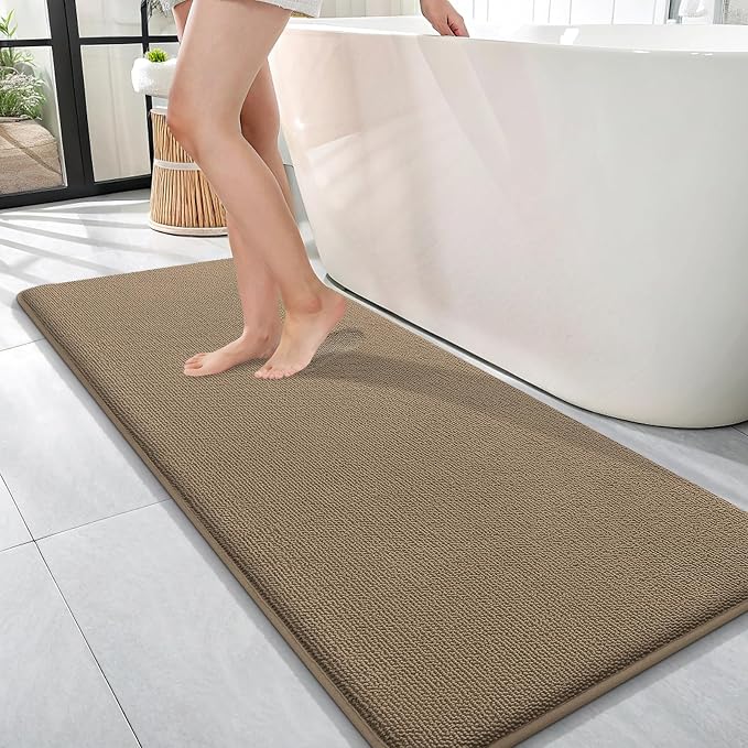 OLANLY Memory Foam Bathroom Runner Rug 47x17, Absorbent Long Bath Mat, Tan | Soft Quick Dry Bath Rugs, Non-Slip Carpet, Machine Washable Mat for Bathroom Floor, Tub and Shower, Home Decor Accessories