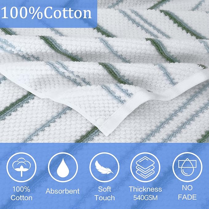 VOOVA & MOVAS Big Kids Hooded Towel, 8+, 100% Cotton, White Blue Green | Multi-Color Horizontal Stripe, Soft, Absorbent & Quick Dry, Ideal for Pool, Beach and Bath Time