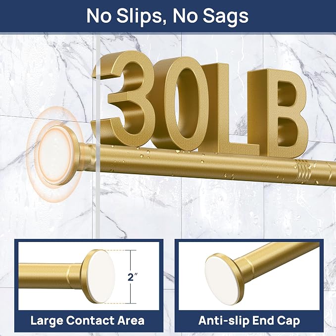 ENJOYBASICS 1" Gold Shower Curtain Rod, 30-88" Adjustable, Secure Tension | Easy No-Drill Installation, No Tools, No Gaps, Sturdy Rust-Resistant Steel, Sag-Resistant Design, Tubs, RVs, Apartments