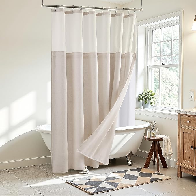 Extra Long Linen Shower Curtain 84 Inches Boho Double Layer | 7ft,Curtains with Hook for Bathroom, Snap in Liner, Water Repellent, Boho Farmhouse, Modern Bath Decor, 1 Panel, 72x84