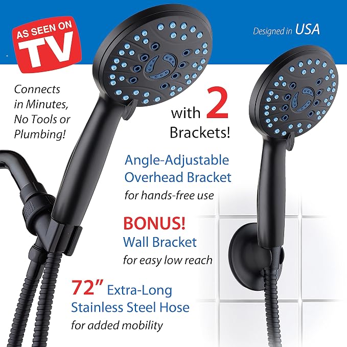 AquaCare High Pressure 8-mode Handheld Shower Head - Anti-clog Nozzles, Built-in Power Wash to Clean Tub, Tile & Pets, Extra Long 6 ft. Stainless Steel Hose, Wall & Overhead Brackets | Stay Clean Nozzles, Dual Power Wash for Tub, Tile & Pets, Long 6 ft...