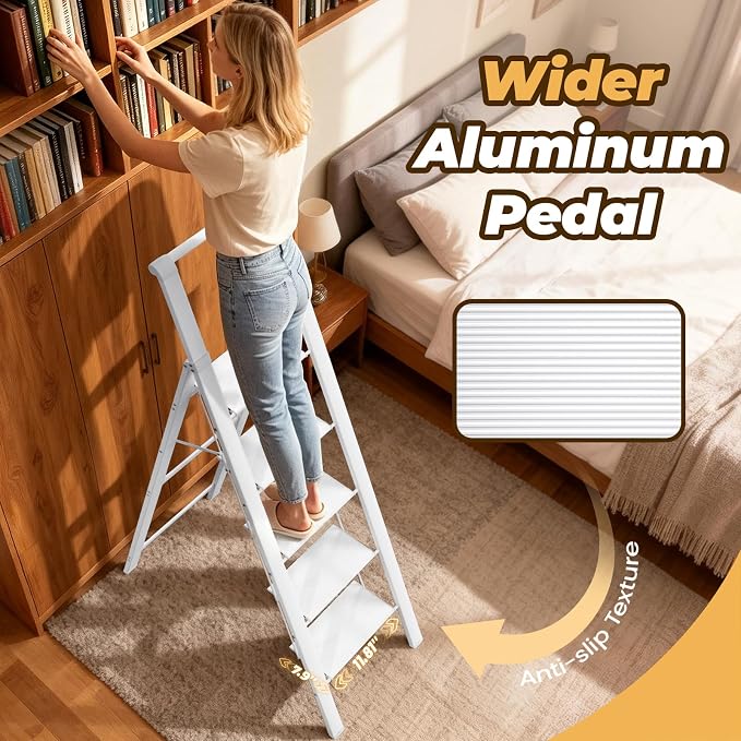 HBTower 5 Step Ladder, Lightweight Aluminum Folding Step Stool | Anti-Slip Wide Pedal, 330lbs Capacity Step Ladder for Household Kitchen Office, White