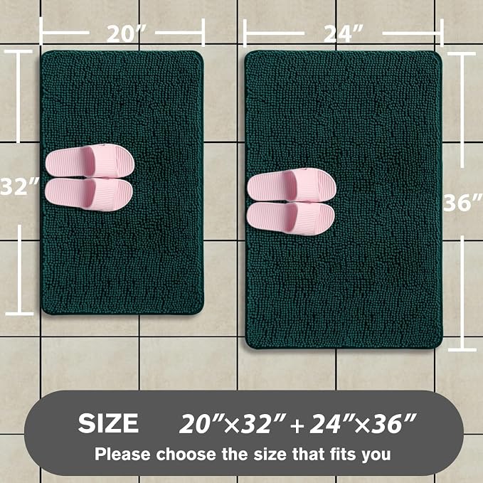 Dark Teal Bathroom Rugs Sets 2 Piece – Absorbent and Washable Bath Mat, Non-Slip, Thick Soft Chenille Bath Rugs for Bathroom Floor, Shower, Sink - 20" x 32"+24" x 36"