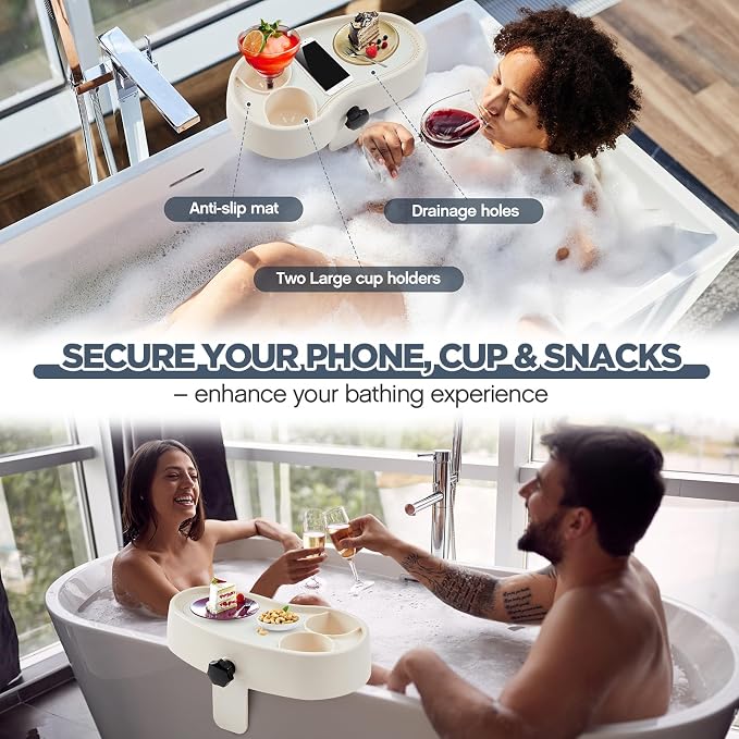 2 Pcs Hot Tub Table Tray, Adjustable Aboveground Bathtub Tray with 2 Cup Holder, Between 2'' to 7.5'' Nonslip Hot Tub Accessories Shelf Drinks Snacks Phone Holder for Spa Bathtub (Ivory White)