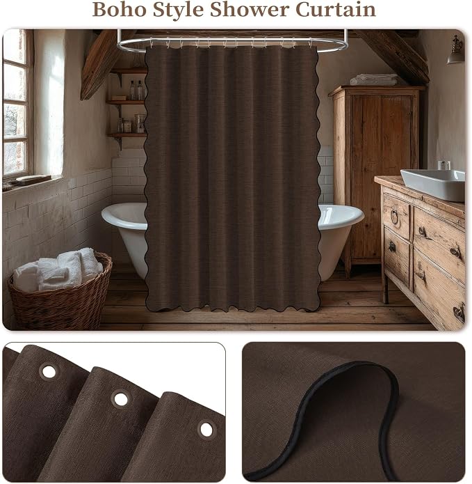72x90 Boho Scalloped Linen Textured Cloth Shower Curtain Set, Brown | Long Size, 230GSM Waterproof Polyester, Heavy Duty Fabric, 12 Plastic Hooks, Elegant Modern Farmhouse Style, Machine Washable