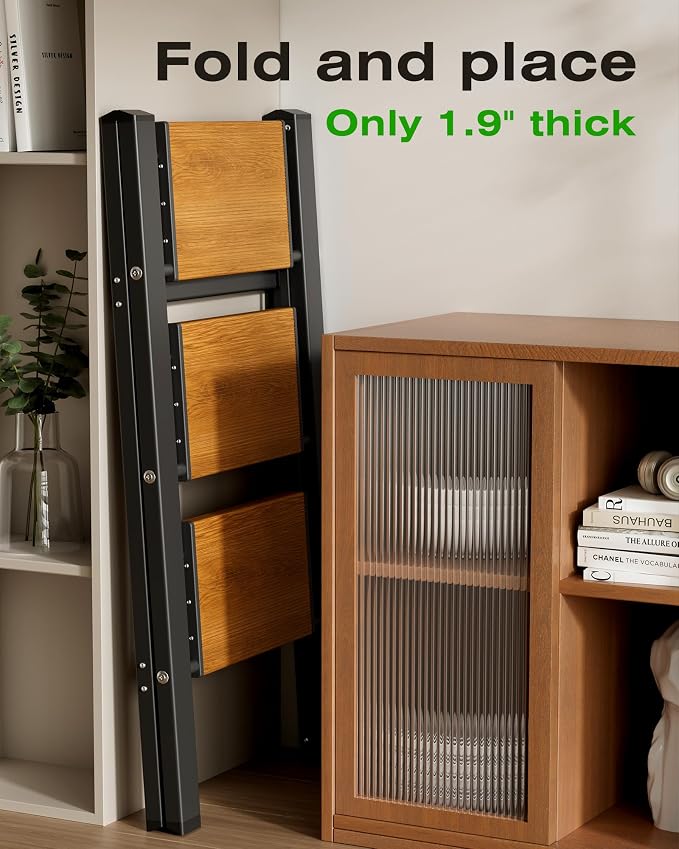 Taranta 3 Step Stool Foldable,Aluminum Step Ladder-BlackWoodgrain | Lightweight,Wide Anti-Slip Pedals,Folding Step Stool,330lbs Capacity for Household,Kitchen,Office