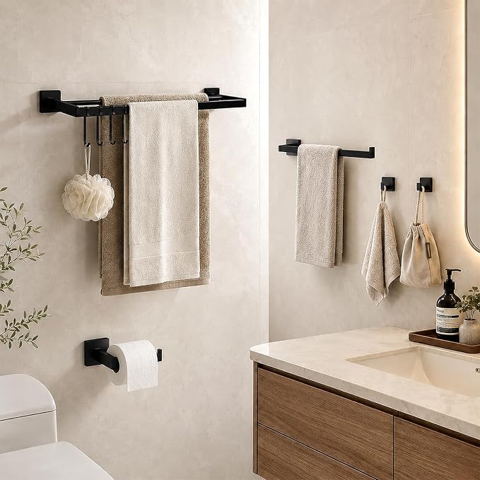 9 Piece Matte Black Bathroom Hardware Set, 24 Inch Double Towel Bar with Removable Hooks, SUS304 Stainless Steel Wall Mounted Heavy Duty Rustproof Accessories for Bathroom Kitchen