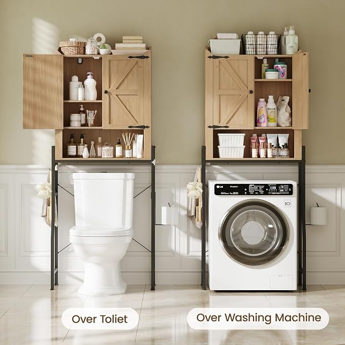 Over The Toilet Storage Cabinet with 2-Door & Metal Stand, Wood | Toilet Paper Holder, 3 Extra Hooks, Anti-Tipping Device, With Adjustable Shelves, for Bathroom, Restroom, Laundry